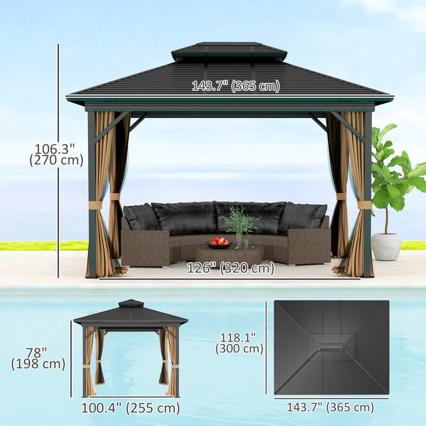 Gazebo 10' x 12' à toit rigide, abri solaire avec toit métallique à deux niveaux, moustiquaire et crochet de suspension, brun foncé