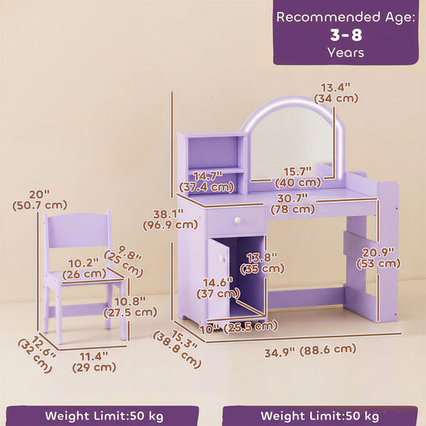 Coiffeuse pour enfant avec miroir LED bicolore, rangements et chaise, mauve