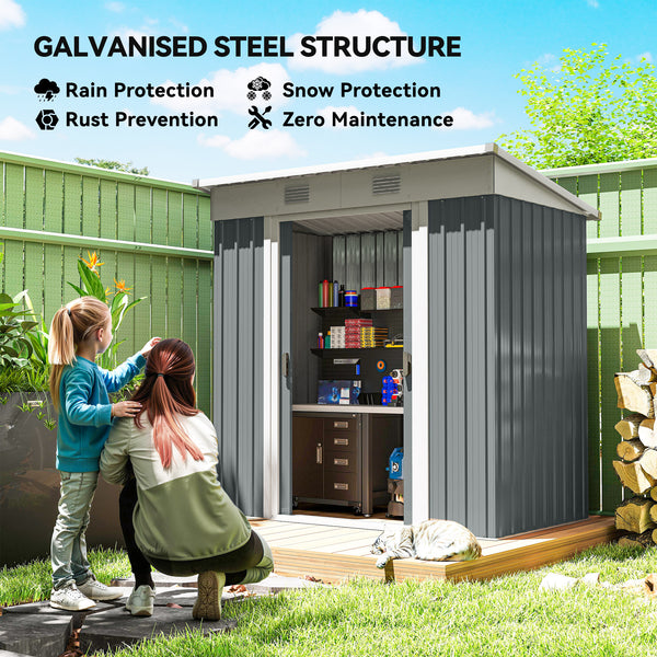 Metal garden shed with lockable sliding doors and ventilation, grey
