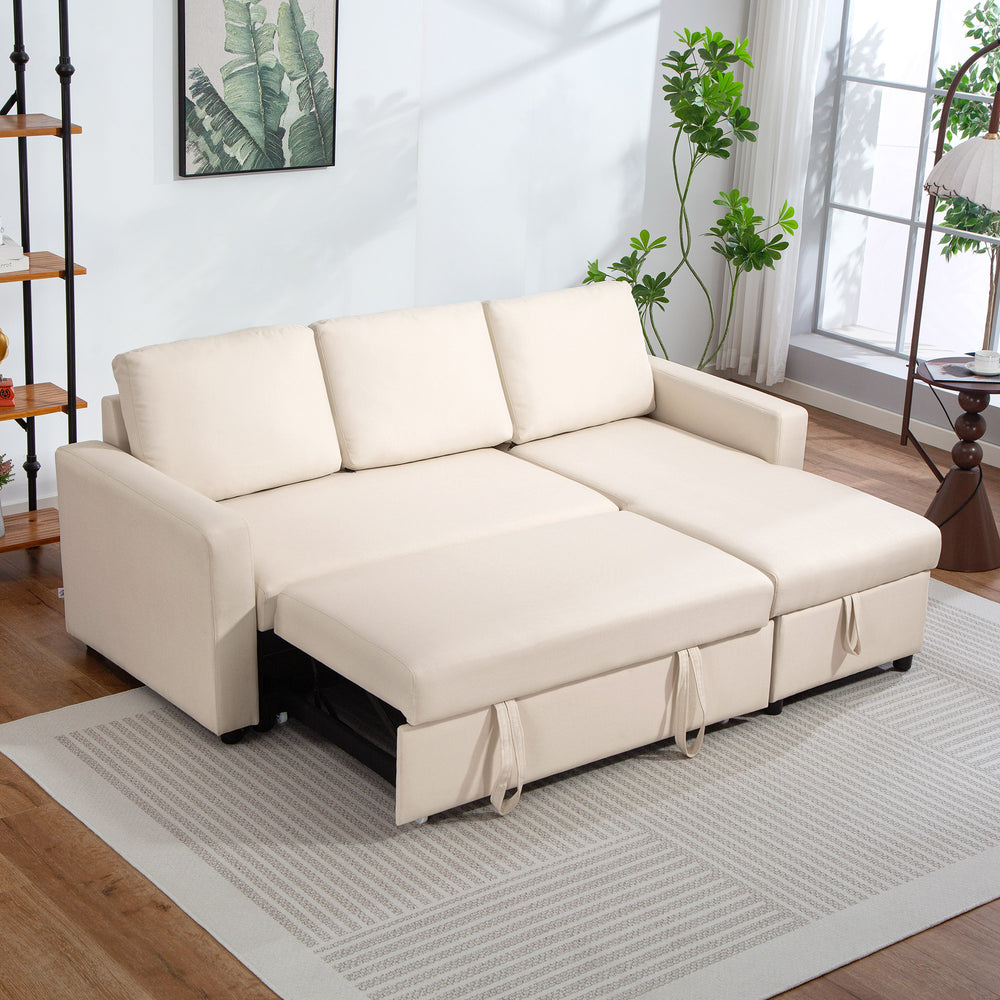 83" Sofa Bed, Pull Out Sleeper L Shaped Sectional Couch with Reversible Storage Chaise, Wide and Deep Seat, Cream White