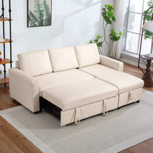 83" Sofa Bed, Pull Out Sleeper L Shaped Sectional Couch with Reversible Storage Chaise, Wide and Deep Seat, Cream White