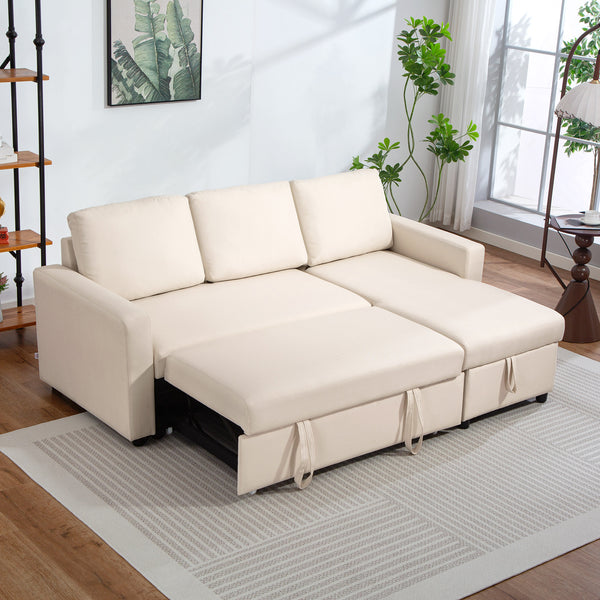 83" Sofa Bed, Pull Out Sleeper L Shaped Sectional Couch with Reversible Storage Chaise, Wide and Deep Seat, Cream White