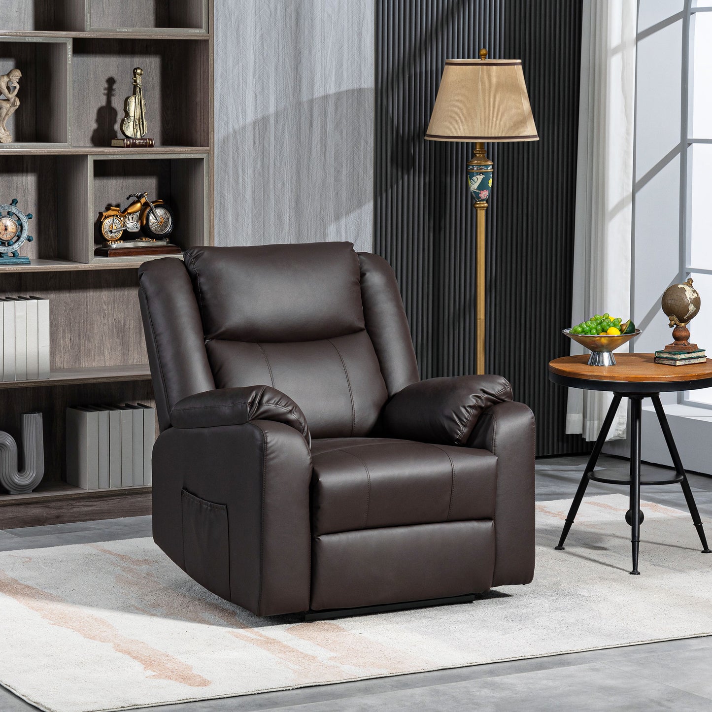 Fauteuil inclinable en similicuir avec repose-pieds et 2 poches latérales, marron