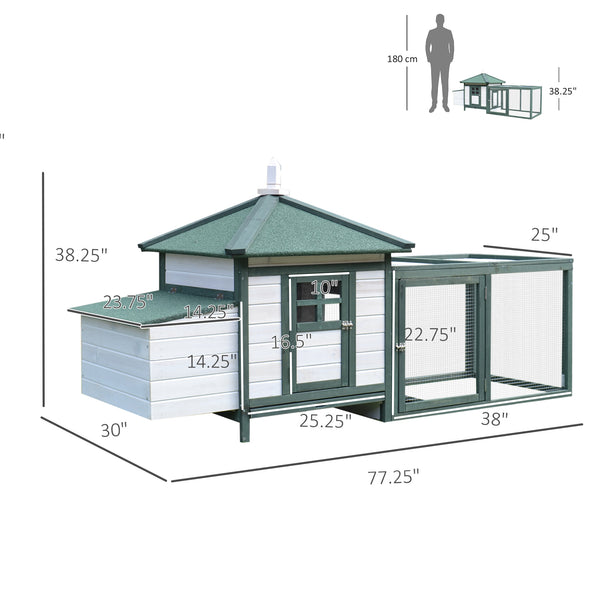 77" Chicken Coop with Nesting Box and Outdoor Run, Green