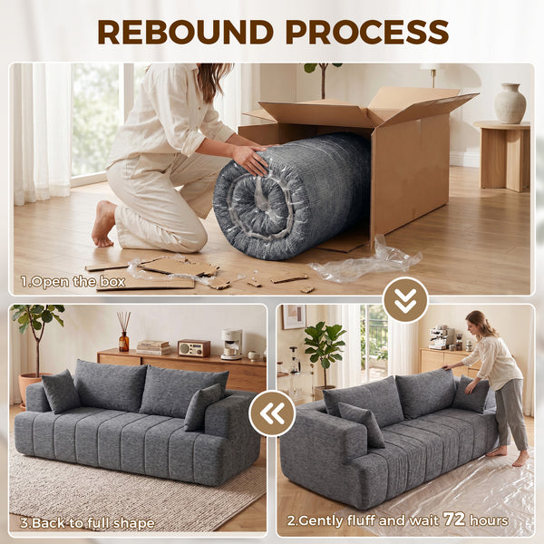 Canapé 3 places gris en chenille avec assise épaisse et ressorts ensachés, gris