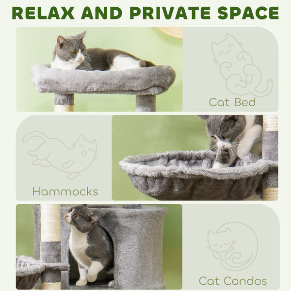 52.5" Cat Tree with Scratching Posts, Condos, Bed, Platforms &amp; Hammocks, Grey