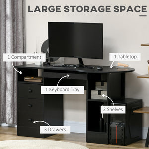 Bureau d'ordinateur avec étagères et tiroirs, plateau pour clavier, noir