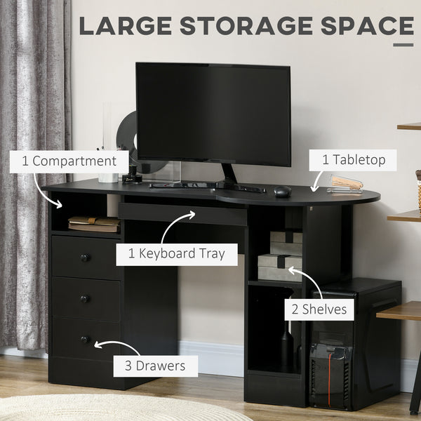Bureau d'ordinateur avec étagères et tiroirs, plateau pour clavier, noir