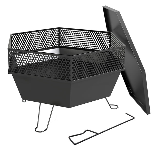 Foyer extérieur 50 cm avec tisonnier et couvercle, foyer portable, noir