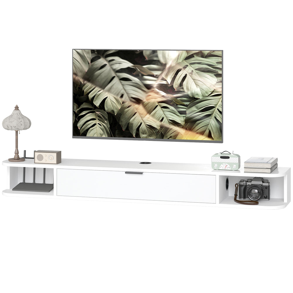 Floating wall-mounted TV unit for TVs up to 60 inches, with a drop-down drawer and 2 open shelves, white