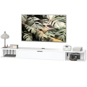 Floating wall-mounted TV unit for TVs up to 60 inches, with a drop-down drawer and 2 open shelves, white