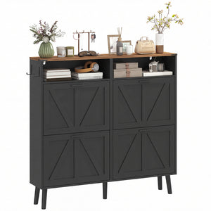 Shoe cabinet with 4 tip-up drawers, country style, narrow, holds up to 24 pairs, black