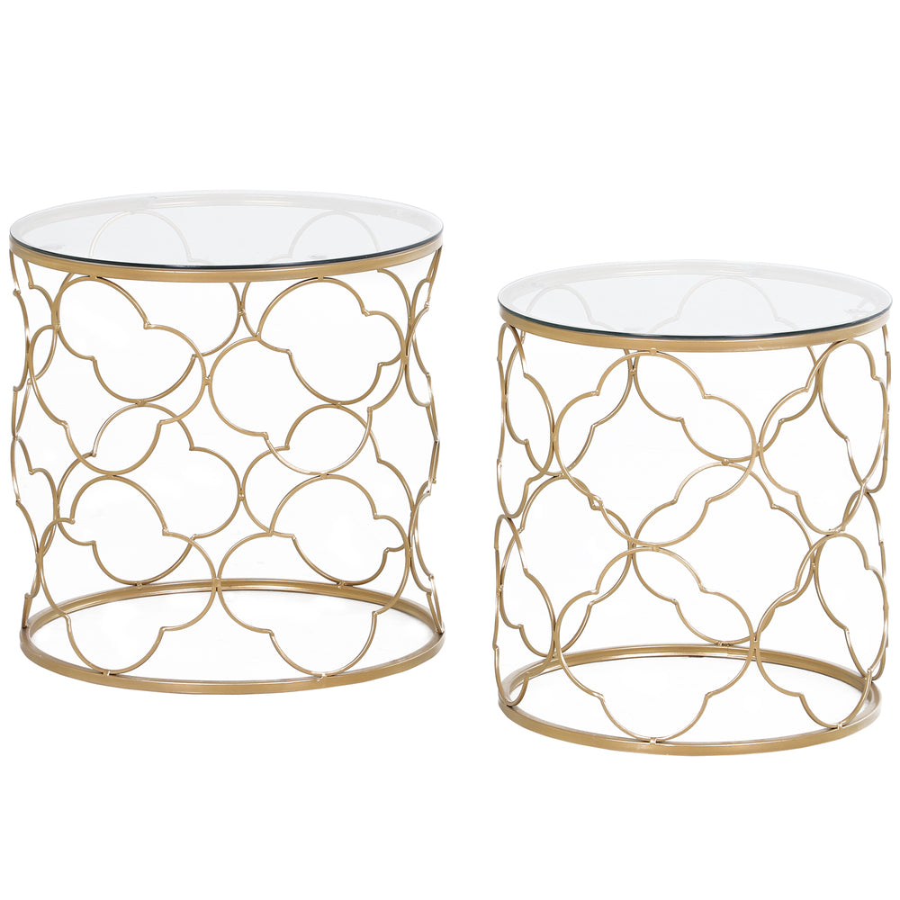 Lot de 2 tables basses gigognes en verre trempé doré