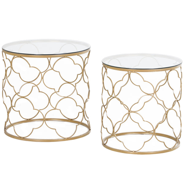Lot de 2 tables basses gigognes en verre trempé doré