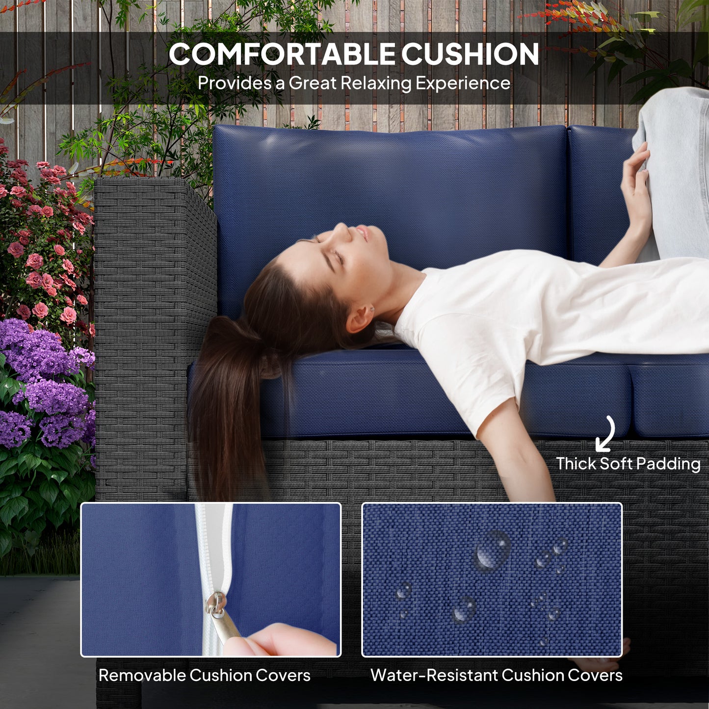 Canapé 3 places en rotin et osier, mobilier de jardin extérieur avec coussin, bleu marine