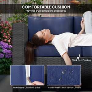 Canapé 3 places en rotin et osier, mobilier de jardin extérieur avec coussin, bleu marine