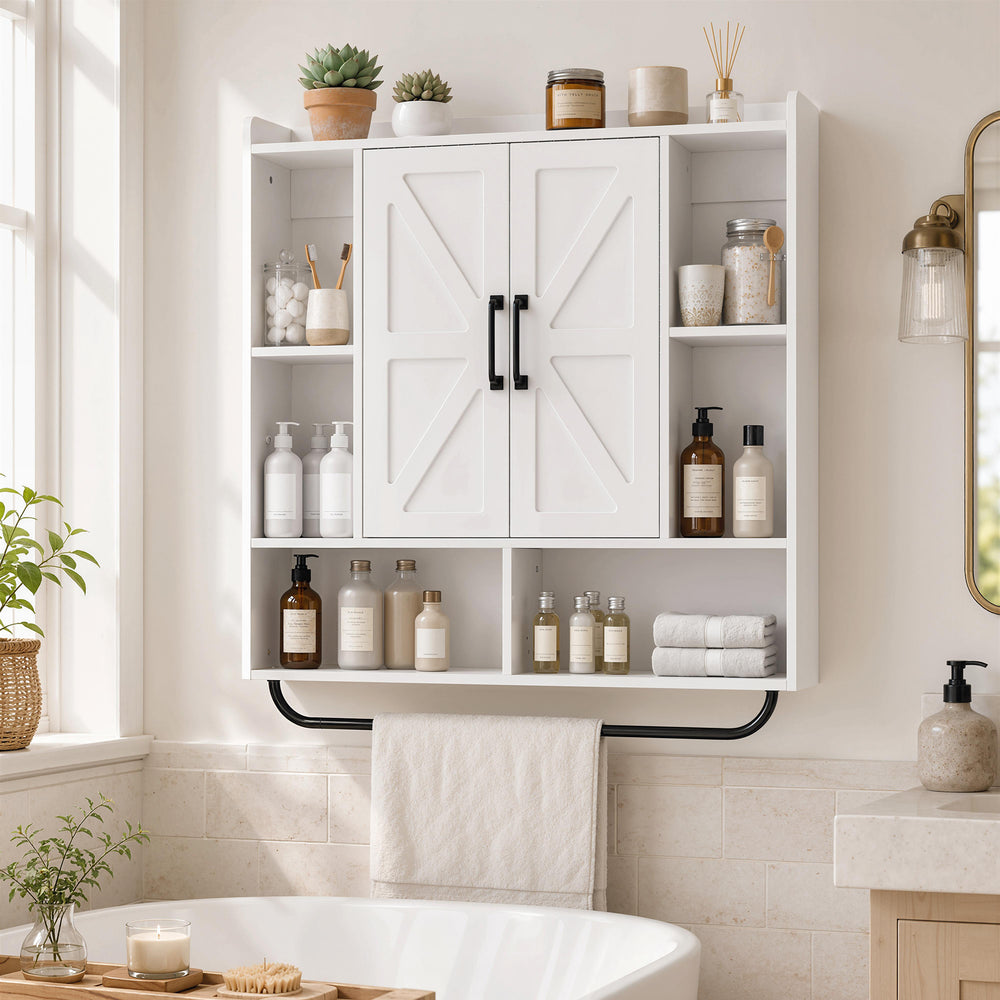 Bathroom wall cabinet with adjustable shelf and towel rack, white