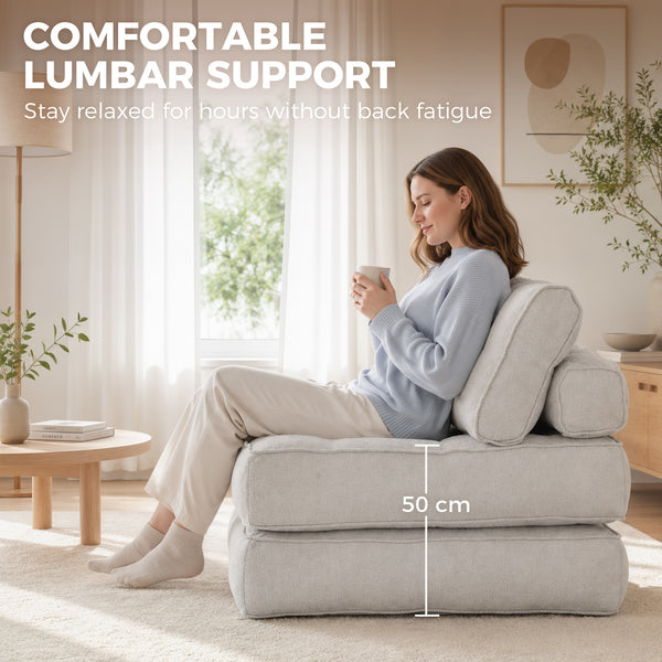Fauteuil-lit pliable 3 en 1 beige-gris avec mousse haute densité et 2 coussins, gris