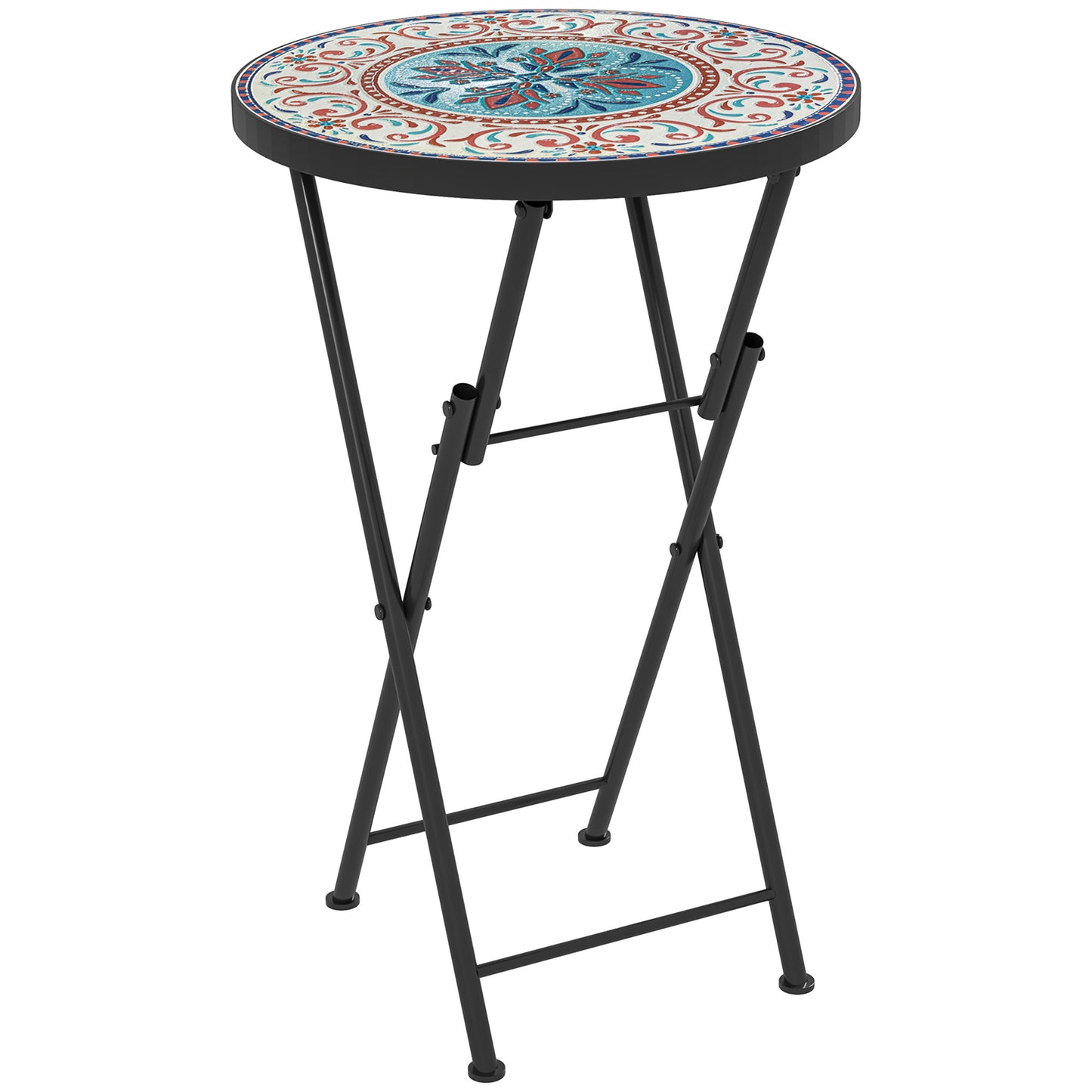 Outsunny Mosaic Outdoor Side Table, 14" Round Folding Coffee Table with Steel Frame for Balcony, Patio, Assorted Colors