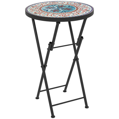 Outsunny Mosaic Outdoor Side Table, 14" Round Folding Coffee Table with Steel Frame for Balcony, Patio, Assorted Colors