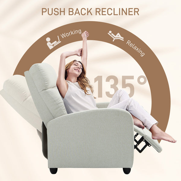 Fauteuil inclinable manuel en tissu inclinable simple avec assise rembourrée pour salon, blanc crème