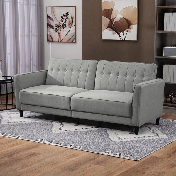 Canapé-lit convertible en tissu gris capitonné avec dossier ajustable, mobilier pratique et élégant pour salon ou chambre d’amis.