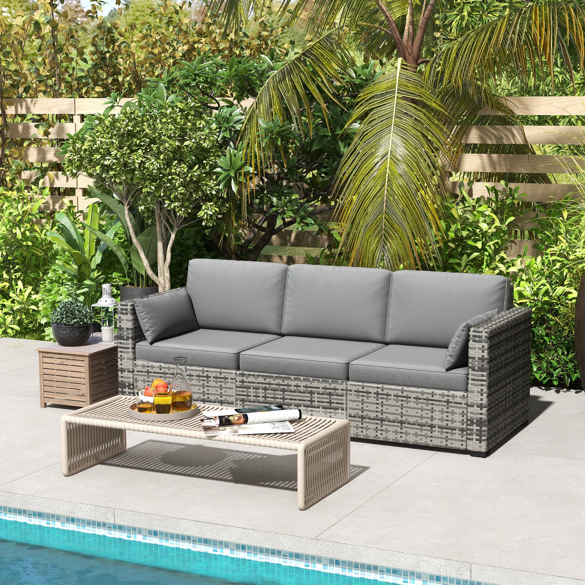 Canapé de jardin 3 places en rotin synthétique gris avec coussins gris, design moderne et résistant pour espace extérieur