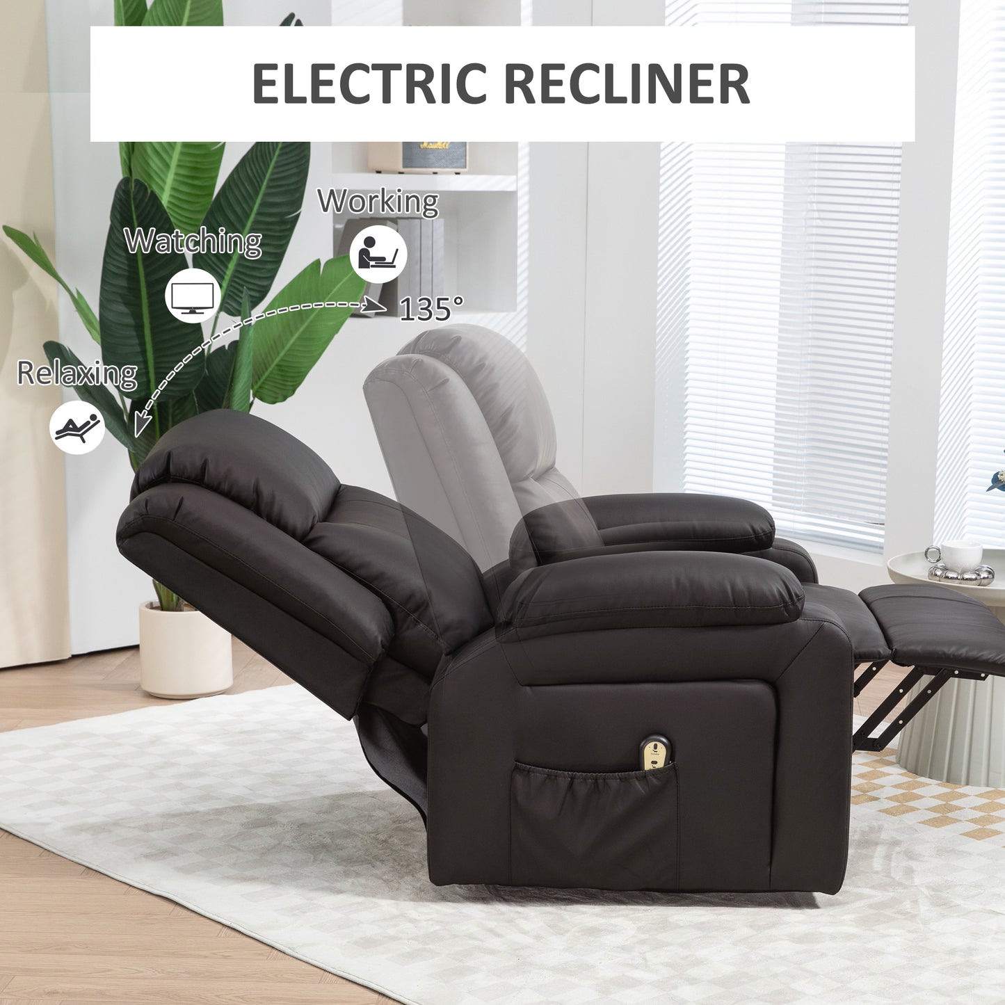 Fauteuil releveur électrique en cuir synthétique avec télécommande, poches latérales, montage rapide, marron
