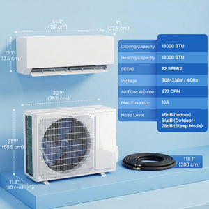 Climatiseur split de 18000 BTU, 22 SEER2, 230 V, compatible Wi-Fi, avec pompe à chaleur et onduleur, refroidit jusqu'à 1250 pieds carrés.