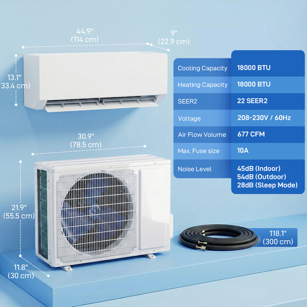 Climatiseur split de 18000 BTU, 22 SEER2, 230 V, compatible Wi-Fi, avec pompe à chaleur et onduleur, refroidit jusqu'à 1250 pieds carrés.