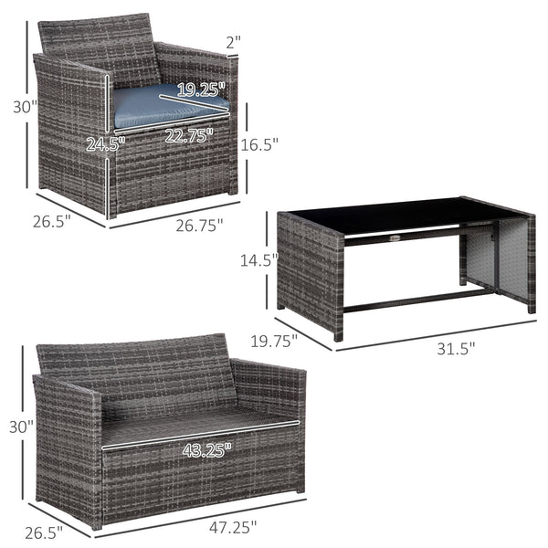 Ensemble de mobilier 4 pièces en résine tressée avec table basse en verre, gris