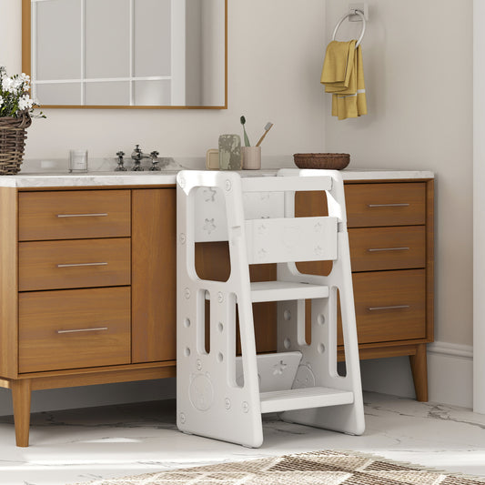Toddler Stool, 2 Steps, with Height Adjustable Platform and Safety Rail, White