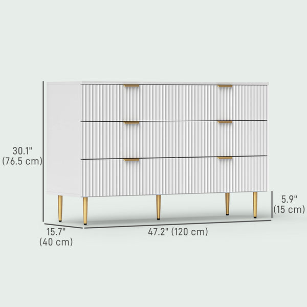 Commode moderne à 6 tiroirs pour chambre à coucher avec pieds et poignées dorés, blanc