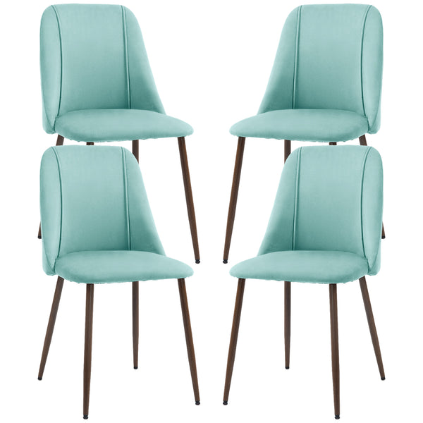 Set of 4 velvet upholstered chairs with steel backrest and legs, light green
