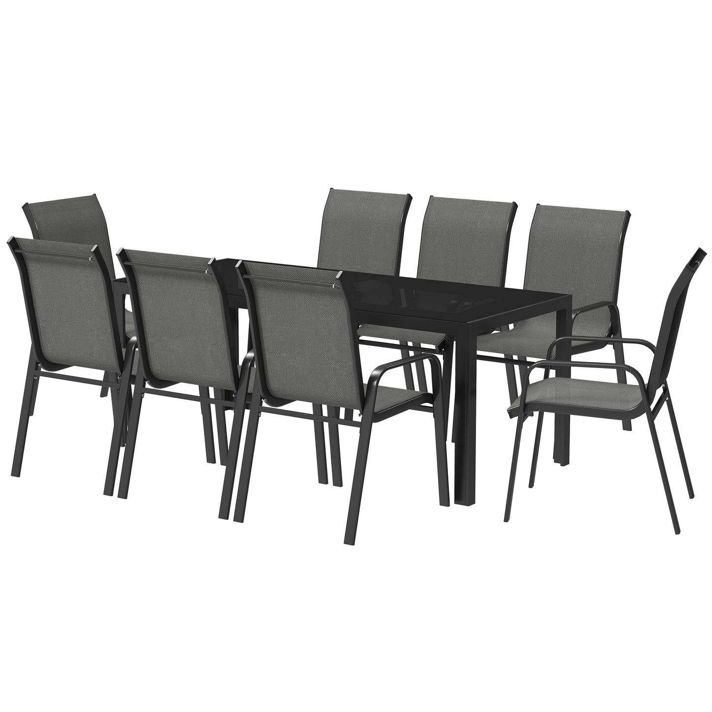 Outsunny 9-Piece Dining Set with Stackable Chairs and Glass Top for Garden, Patio and Backyard, Grey