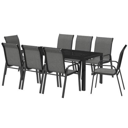 Outsunny 9-Piece Dining Set with Stackable Chairs and Glass Top for Garden, Patio and Backyard, Grey