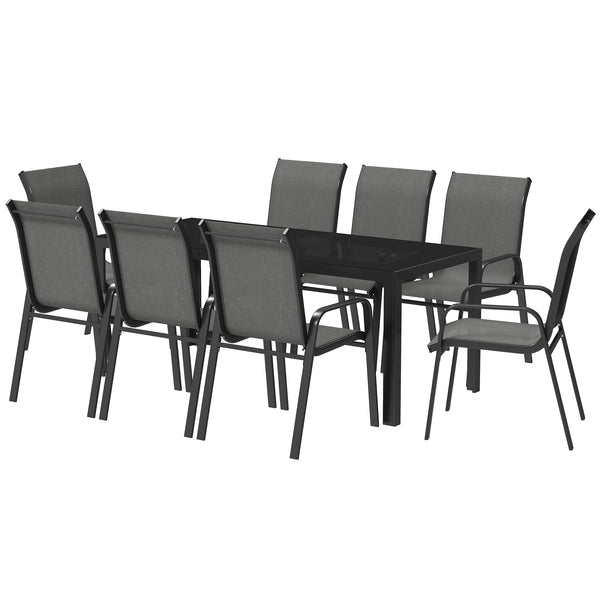 Ensemble de salle à manger 9 pièces avec chaises empilables et plateau en verre, gris