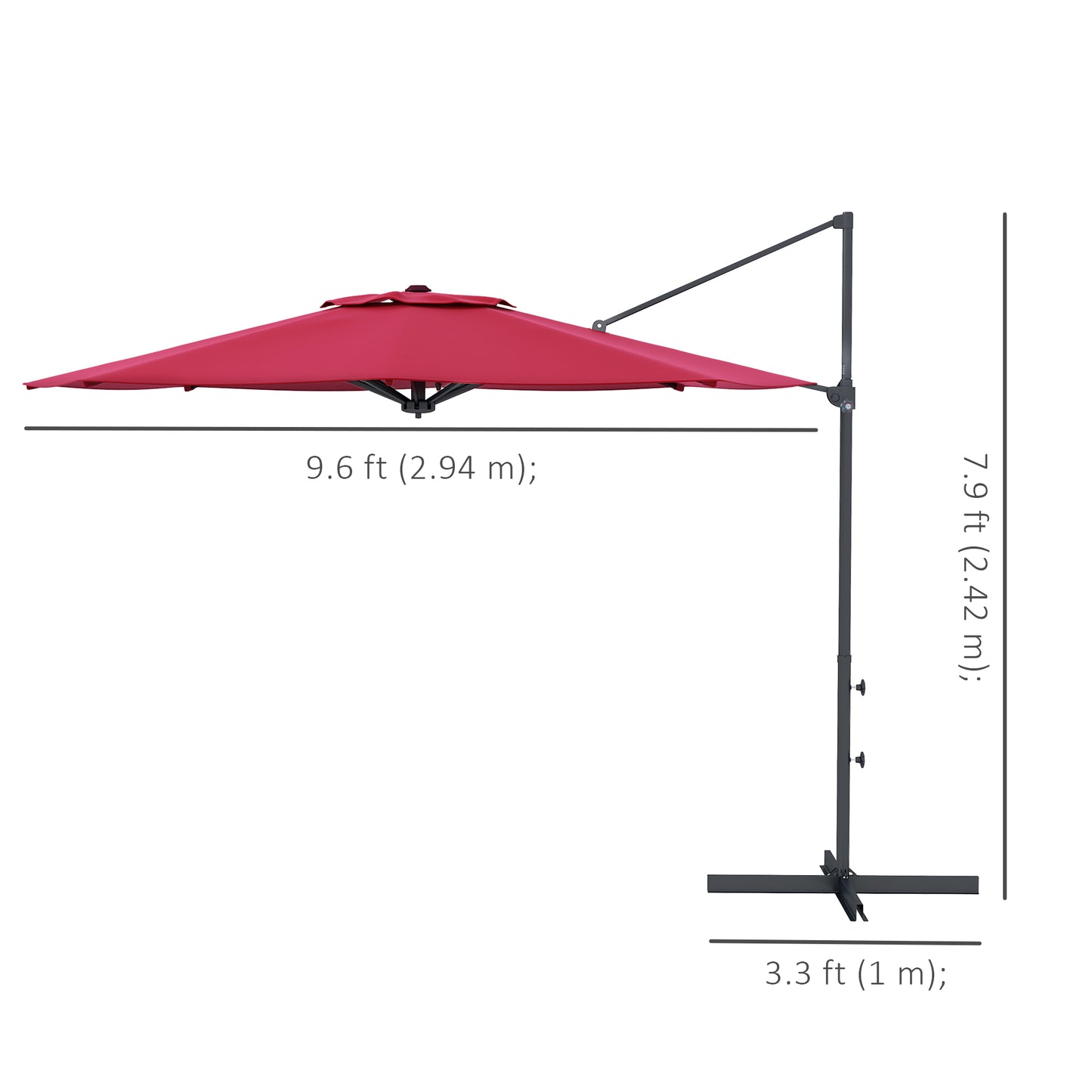 Parasol déporté 3m suspendu en aluminium avec rotation à 360°, manivelle, inclinaison, base croisée, rouge