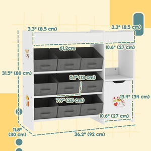 Toy Storage with 9 Non-Woven Fabric Boxes, Cabinet and Shelves, for Kids Bedroom, Playroom, White