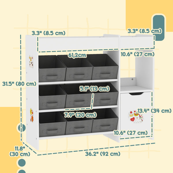 Toy Storage with 9 Non-Woven Fabric Boxes, Cabinet and Shelves, for Kids Bedroom, Playroom, White