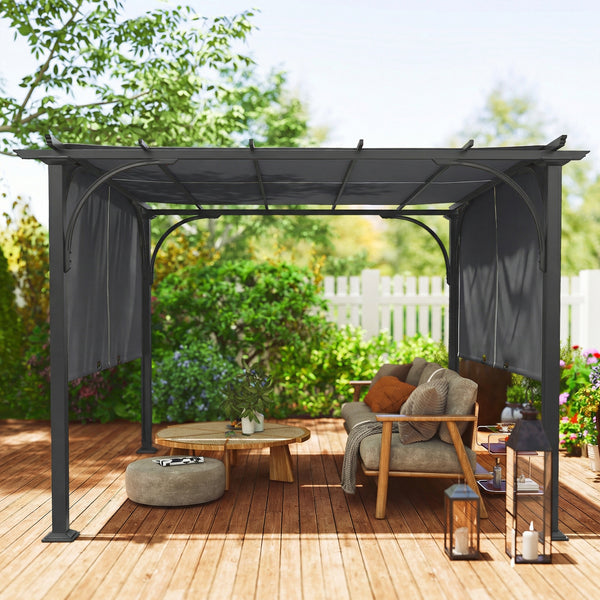 Pergola rétractable 10' x 10', protection solaire UPF50+, structure en métal, gris foncé