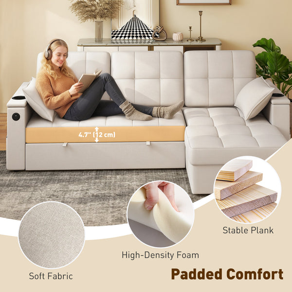 Convertible Sectional Sofa Bed, Pull Out Sleeper Sofa Couch with USB‑A+C, Chaise Storage, L-Shaped Futon Couch, Beige