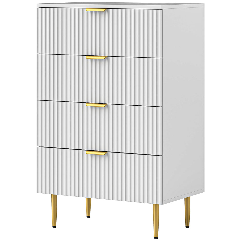 Commode moderne à 4 tiroirs avec pieds et poignées dorés, blanc