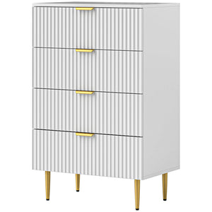 Commode moderne à 4 tiroirs avec pieds et poignées dorés, blanc