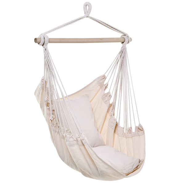 Hanging macrame cotton hammock with two soft cushions, cream white