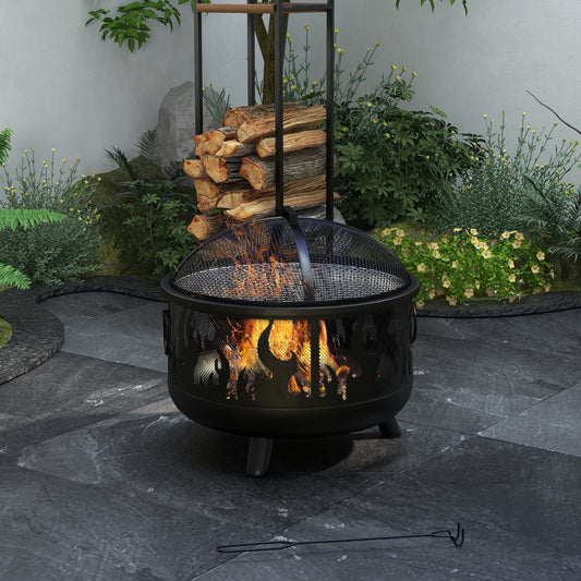 Outsunny Metal Outdoor Fire Pit, 24" Round Fire Pit with Lid and BBQ Handles for Garden, Camping, BBQ, Bonfire, Black