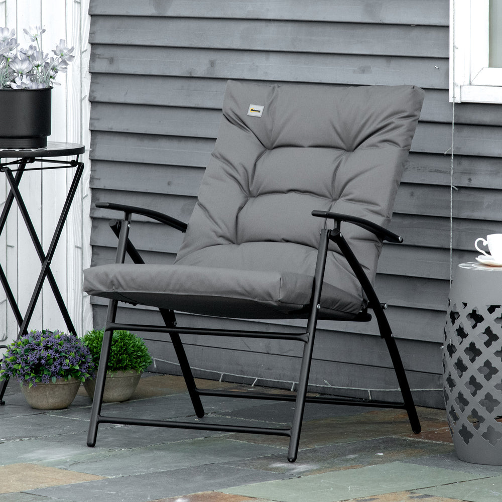 Chaise d’extérieur pliable inclinable en tissu gris avec accoudoirs et cadre en métal robuste