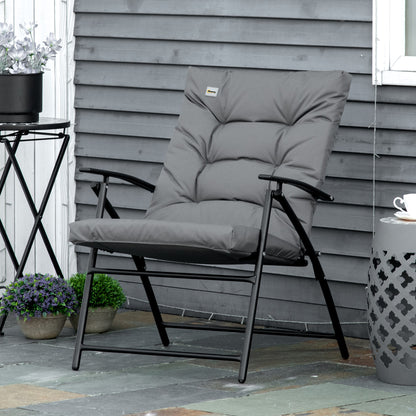 Chaise d’extérieur pliable inclinable en tissu gris avec accoudoirs et cadre en métal robuste