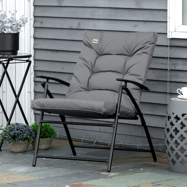 Chaise d’extérieur pliable inclinable en tissu gris avec accoudoirs et cadre en métal robuste