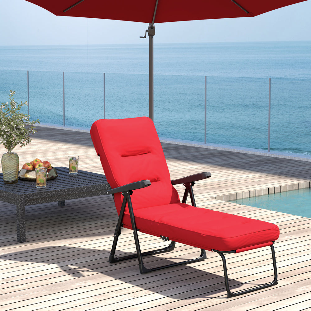 Chaise longue extérieure pliante bordeaux avec coussin rembourré, dossier inclinable et repose-pieds intégré